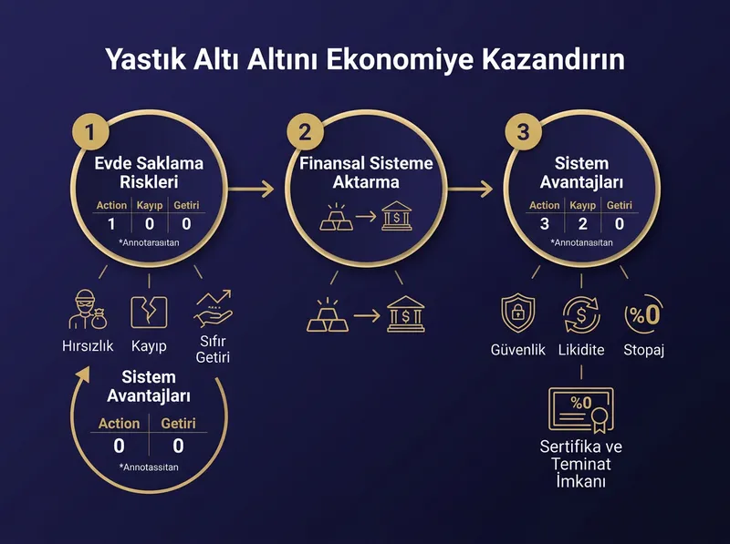 Evde saklanan yastık altı altın ile finansal sistemdeki altın seçeneklerinin risk me avantaj kıyaslaması.