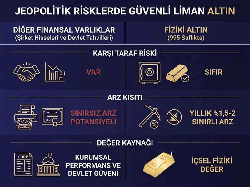 Jeopolitik krizlerde altını diğer finansal varlıklardan ayıran temel yapısal farkları açıklayan infographic.