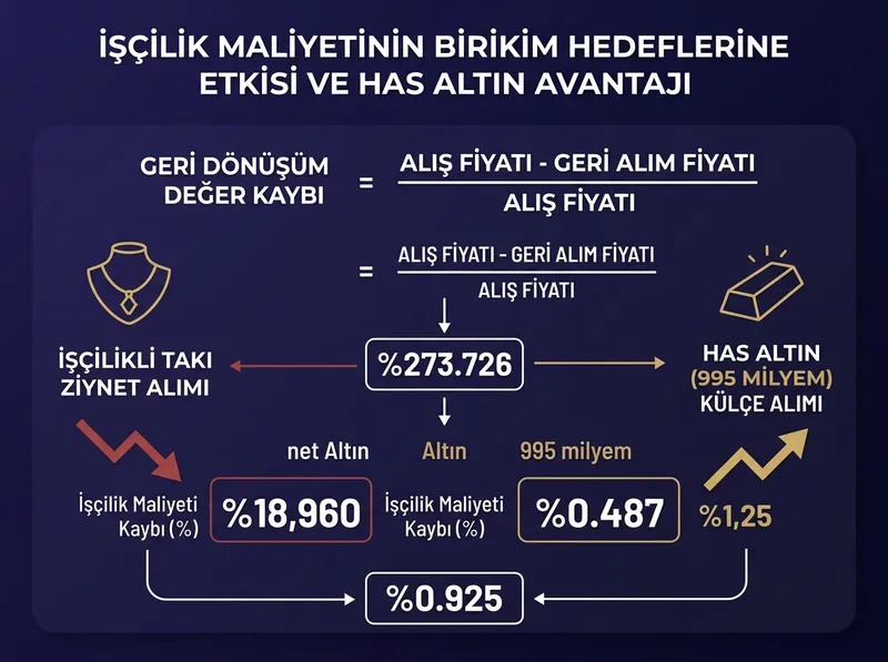 İşçilik maliyetinin birikim hedeflerine etkisini ve has altın tercihindeki avantajı gösteren grafik.