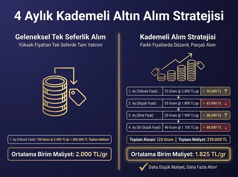 Farklı fiyat seviyelerinde kademeli alım ile sağlanan maliyet düşürme matematiği.