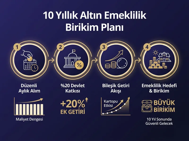 Aylık düzenli altın alımlarının 10 yıllık süreçteki kartopu etkisini ve maliyet dengesini açıklayan simülasyon grafiği.
