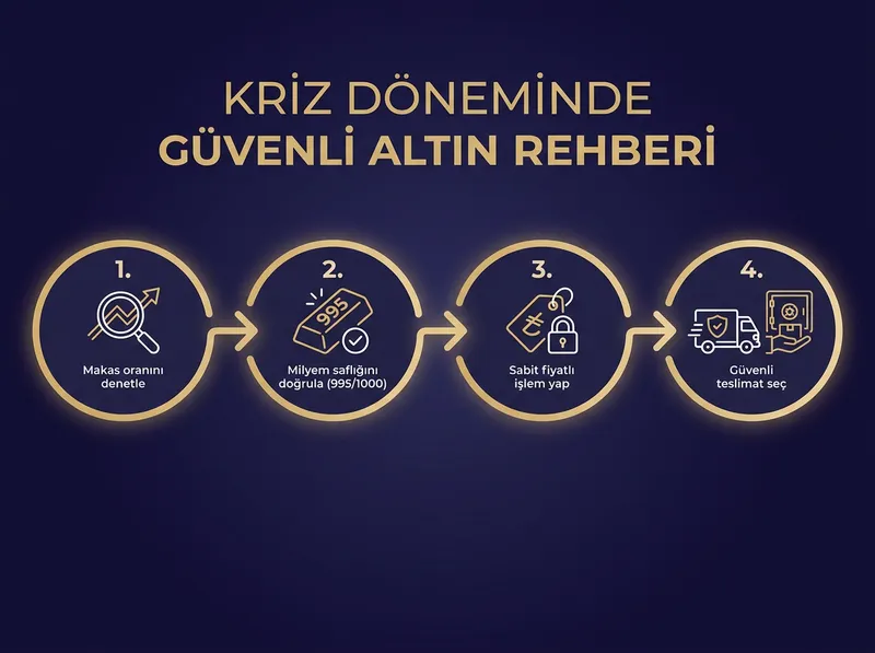 Adım adım kriz dönemi altın stratejisi: 1. Makas oranını denetle -> 2. Milyem saflığını doğrula (995/1000) -> 3. Sabit fiyatlı işlem yap -> 4. Güvenli teslimat seç.