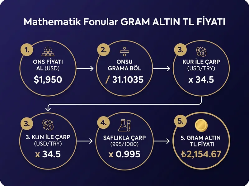 Gram altın fiyatının hesaplanma formülünü ve Ons ile Dolar kurunun çift yönlü etkisini gösteren adım adım matematiksel akış şeması