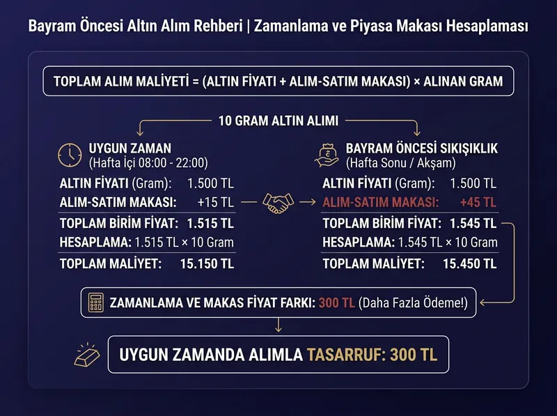 Bayram öncesinde altın alım zamanlaması ve piyasa makaslarının finansal etkisini özetleyen grafik.