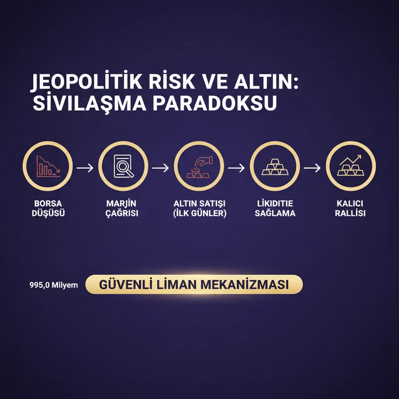 Krizlerin ilk günlerindeki geçici altın düşüşünü (Sıvılaşma Paradoksu) adım adım anlatan süreç akış şeması.