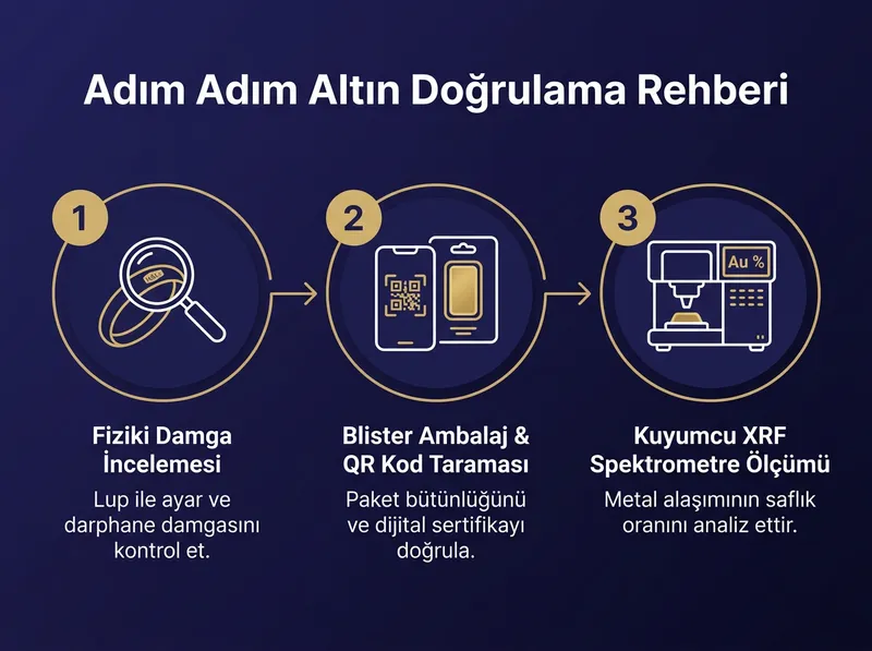 Şüpheli veya damgasız altınların doğrulama aşamalarını gösteren işlem akış şeması.