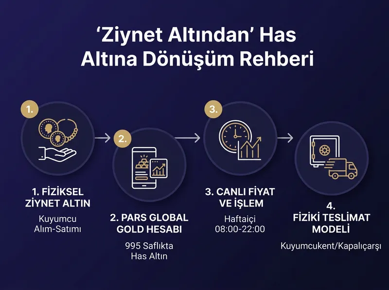 Fiziki ziynet altından Pars Global Gold platformunda 995 saflıkta has altın hesabına ve fiziki teslimat sürecine geçiş akışı.