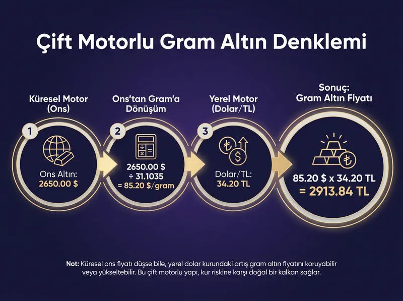 Türkiye'deki tasarruf sahipleri için gram altının Ons ve Dolar/TL kurlarından beslenen çift motorlu yapısını açıklayan şema.