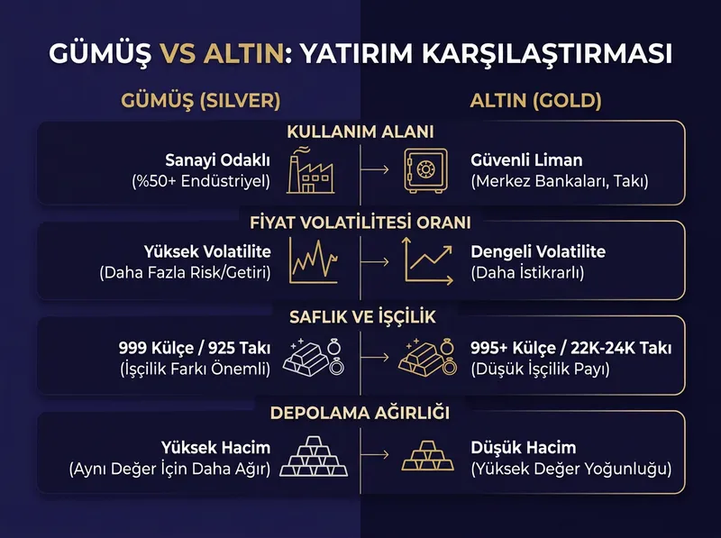 Gümüş ve altının temel yatırım karakteristiklerini yan yana karşılaştıran hızlı rehber infografik.