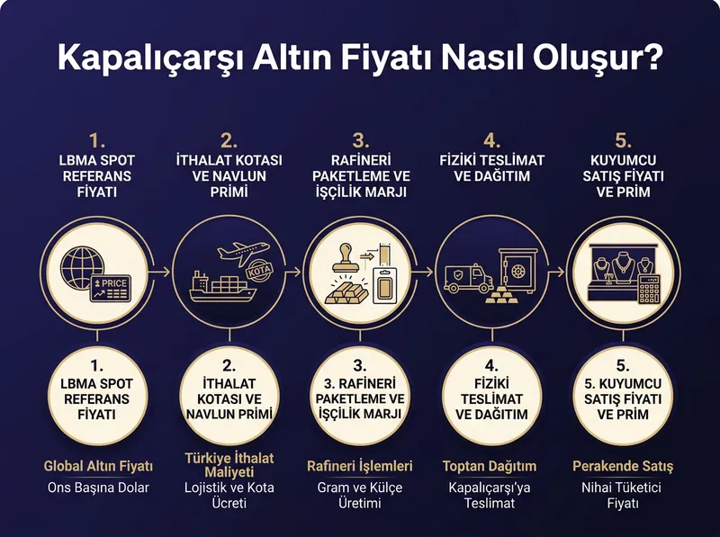 Spot referans fiyatının fiziki piyasada neden primli işlem gördüğünü açıklayan katmanlı fiyat şeması.