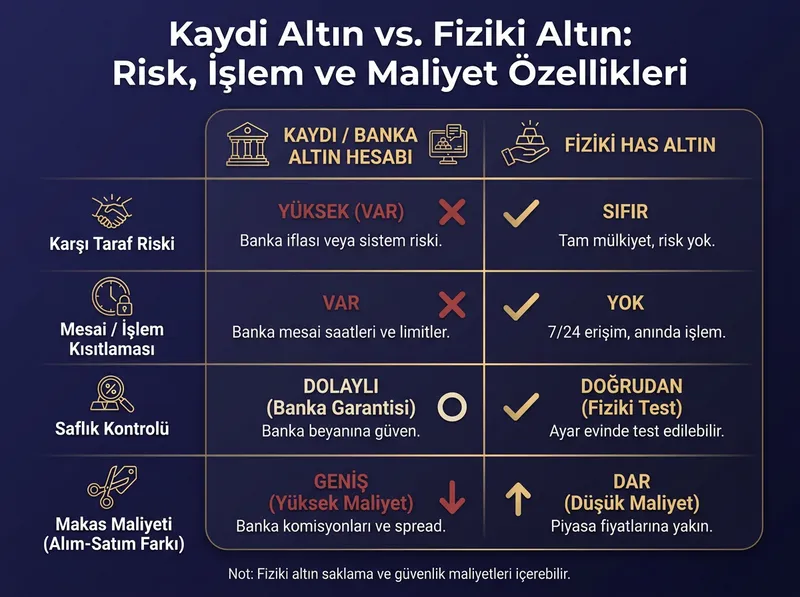 Kaydi banka altın hesabı ile fiziki elinde tutulan altın arasındaki karşı taraf riski ve maliyet farklarını açıklayan infografik.
