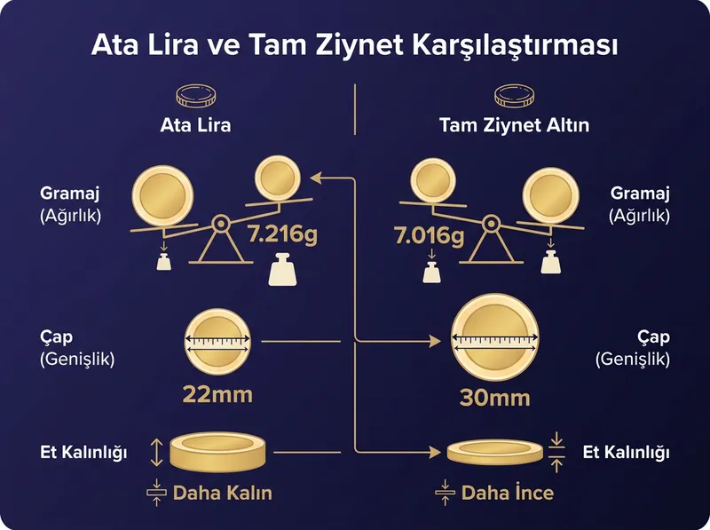Ata Lira ve Tam Ziynet altın arasındaki gramaj ve fiziksel boyut farklarını gösteren şematik çizim.