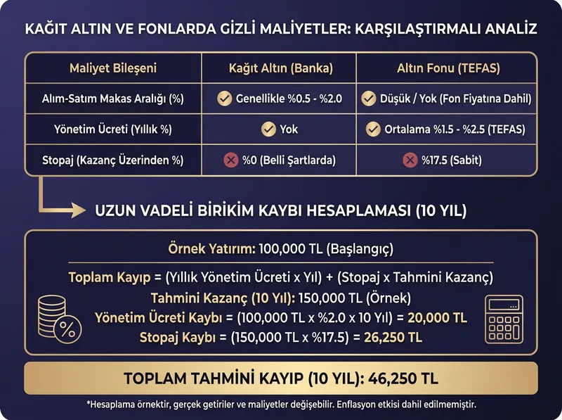Kağıt altın ve fonlardaki gizli maliyet bileşenlerini karşılaştıran görsel rehber.