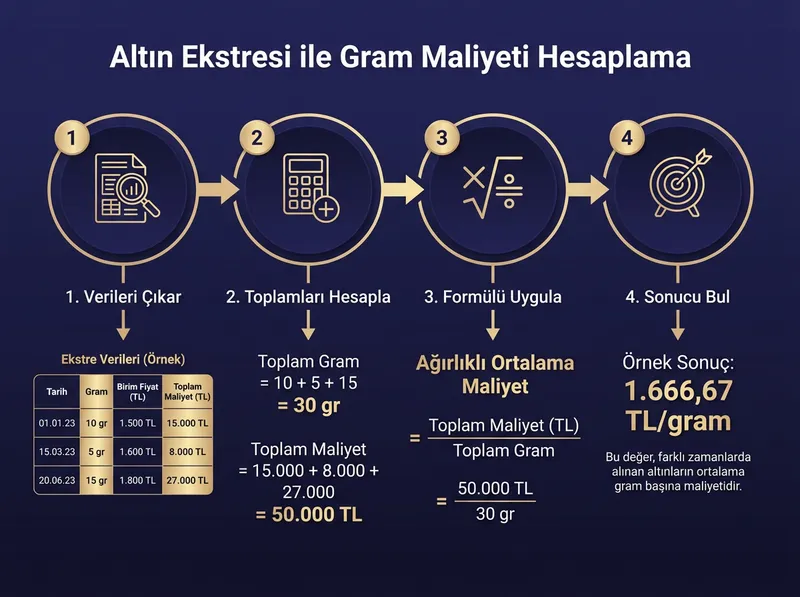 Farklı tarihlerde alınan altınların ağırlıklı ortalama gram maliyetini hesaplama formülü ve örneği.