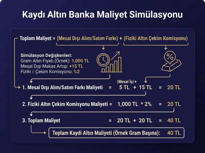 Banka mesai dışı makas aralığı (bid-ask spread) artışı ve fiziki altın çekiminde ödenen döküm/eksper komisyonu hesap modeli.