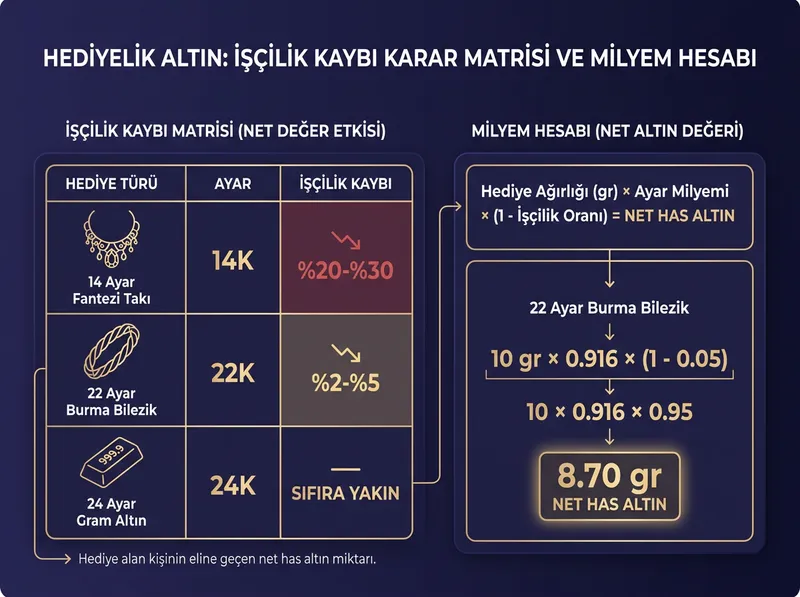 Hediyelik altınlarda ayar ve tasarım kaynaklı işçilik kayıplarını gösteren karar matrisi.