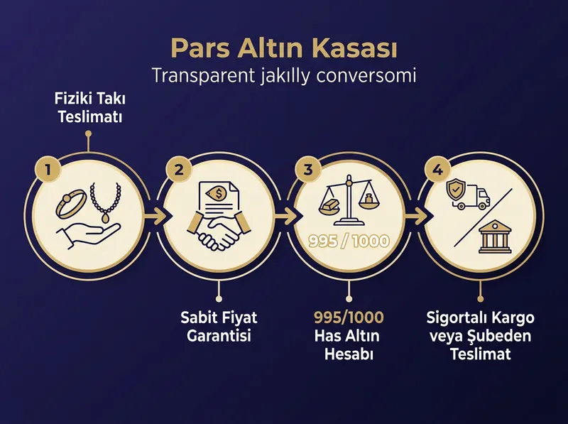 Pars Altın Kasası ile şeffaf takı dönüşüm sürecini gösteren akış şeması.