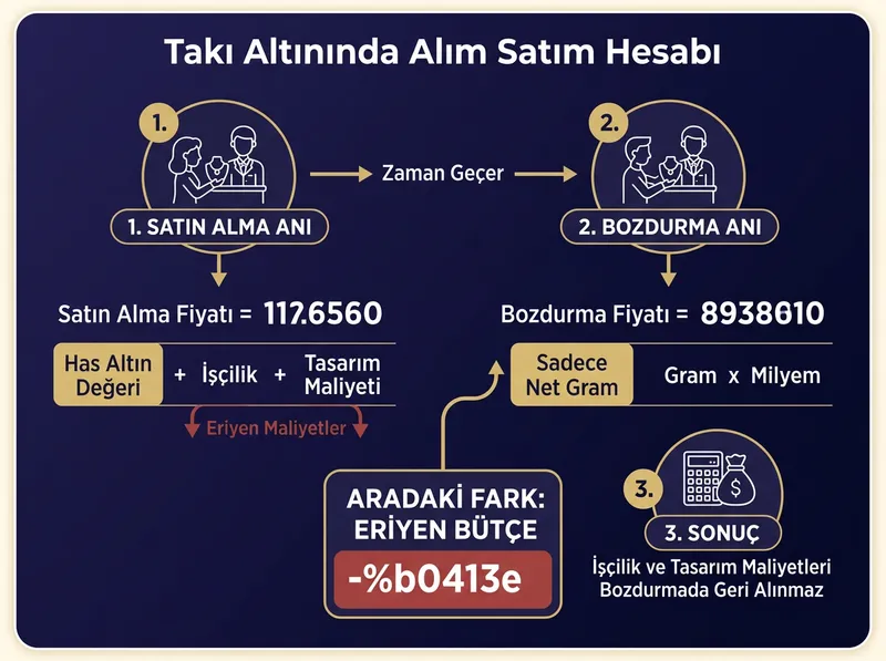 Takı alırken ödenen işçilik maliyetinin bozdurma anındaki erimesini açıklayan akış şeması.