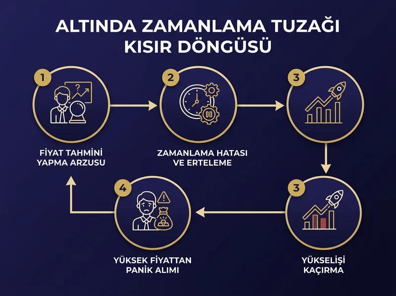 Piyasa zamanlama döngüsünün ve erteleme psikolojisinin adım adım akışı.