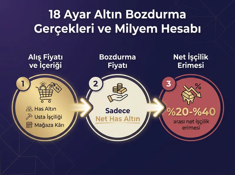 Adım adım işçilik kaybı şeması: Satın alma fiyatı ile bozdurma fiyatı arasındaki net işçilik erimesi.