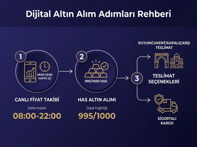 Pars Global Gold dijital altın işlem ve fiziki teslimat seçeneklerini özetleyen süreç şeması.