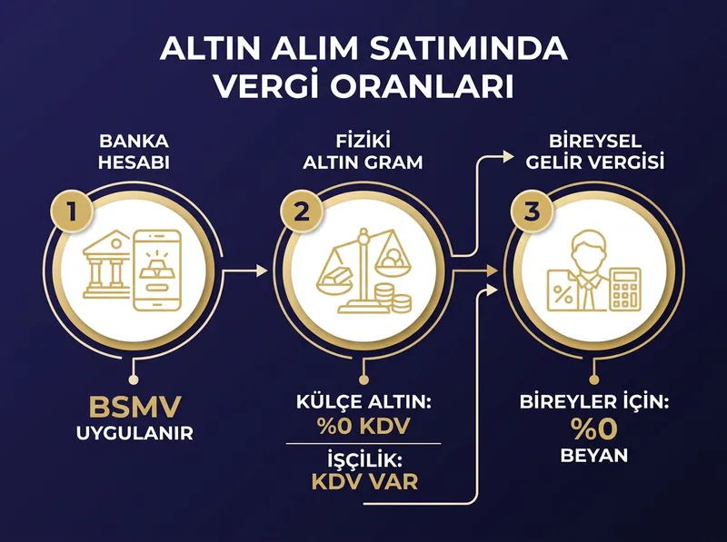 Alım kanalına göre altın vergi yükünü ve istisnalarını adım adım gösteren şema.