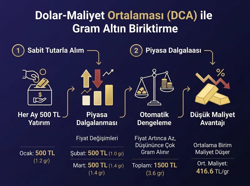 Düzenli gram altın alımı ve maliyet ortalaması düşürme stratejisini açıklayan infografik.