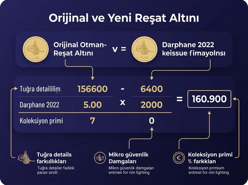 Antika Reşat ile 2022 Darphane yeniden basım Reşat altını arasındaki farkları netleştiren şema.