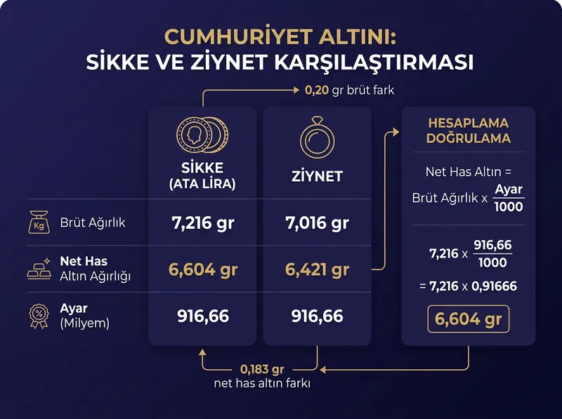 Sikke ve Ziynet grupları arasındaki 0,20 gramlık brüt ve 0,183 gramlık net has altın farkını açıklayan infografik.