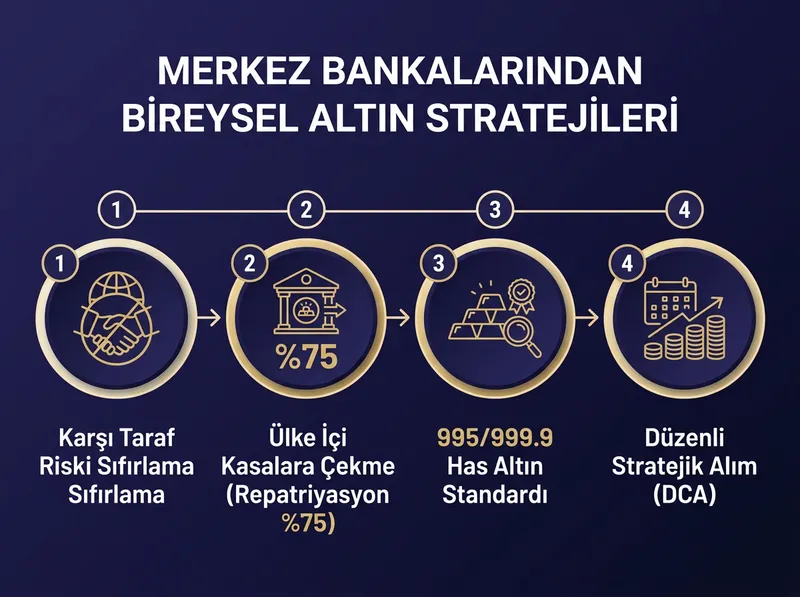 Merkez bankalarının altın biriktirme kararlarının arkasındaki 4 temel stratejik sütunu gösteren akış diyagramı.