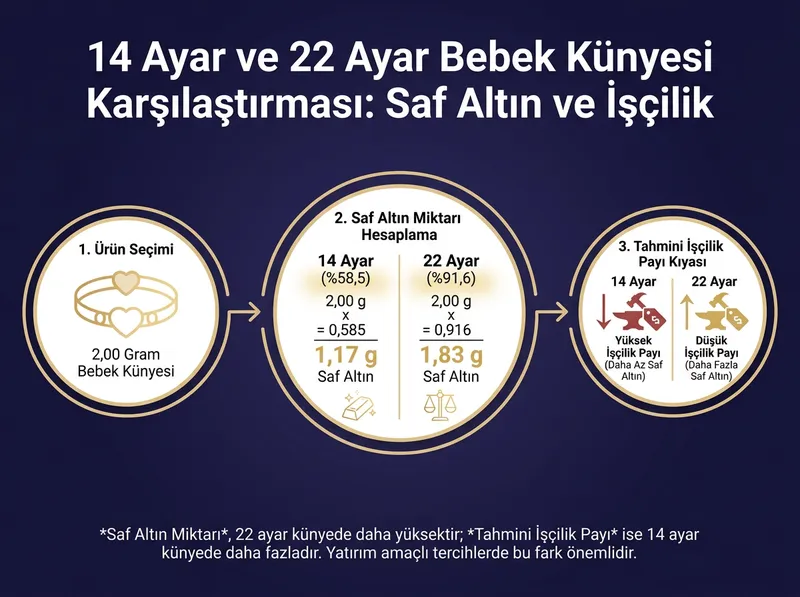 14 ayar ve 22 ayar bebek künyelerindeki saf altın (milyem) ve işçilik payı karşılaştırması.