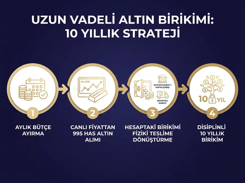 Aylık düzenli alımdan fiziki teslimata kadar uzanan şeffaf ve güvenli birikim yolculuğu akış haritası.