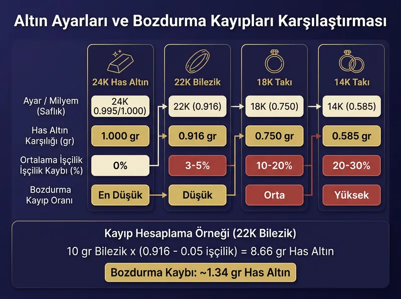 Altın türlerinin ayar, milyem ve ortalama işçilik kaybı oranlarını karşılaştıran rehber tablo.