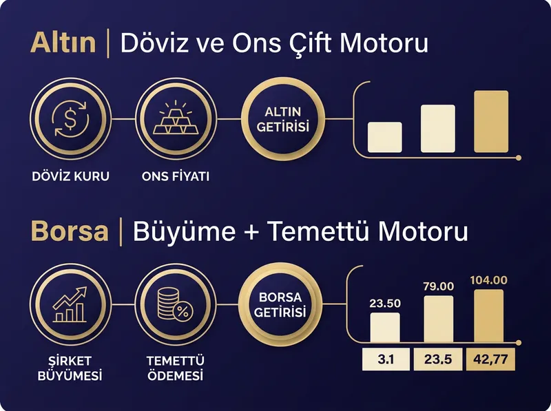 Altın ve hisse senetlerinin getiri üretme mekanizmalarını gösteren karşılaştırmalı akış diagramı