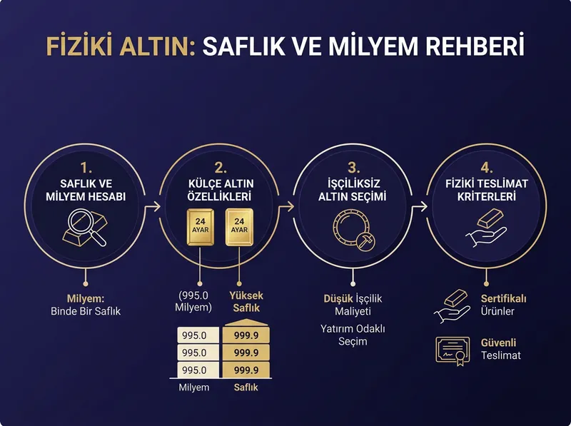 Fiziki altın alımında milyem hesabı ve saflık kriterlerini açıklayan infografik.