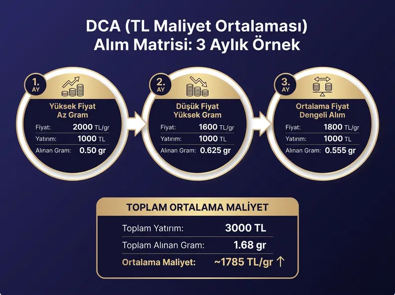 DCA (TL Maliyet Ortalaması) yöntemiyle dalgalı piyasalarda nasıl ortalama maliyet avantajı sağlandığını anlatan karşılaştırma tablosu.
