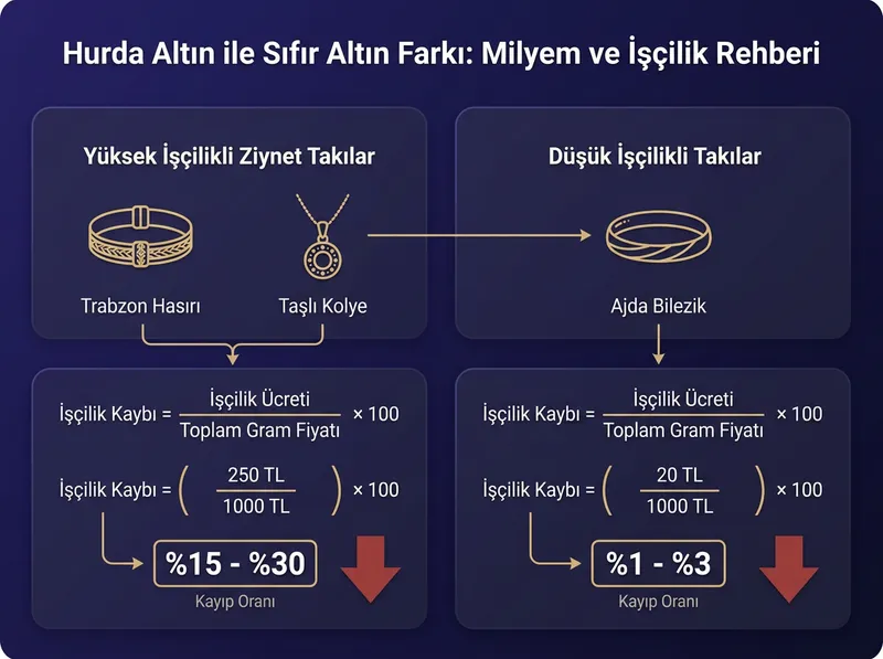 Takı türlerine göre geri bozdurma anındaki işçilik kaybı oranlarını karşılaştıran görsel rehber.