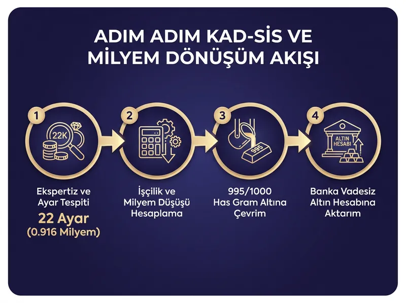 Banka altın kabul günlerinde 22 ayar ziynetin 995/1000 has altına çevrilme adımları ve milyem hesabı.