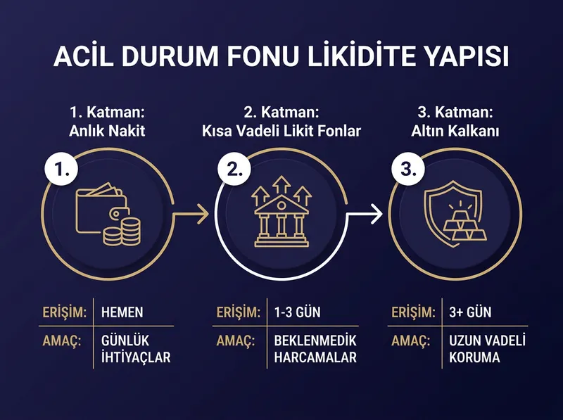 Acil durum fonunu 3 katmanlı likidite yapısıyla organize etme şeması.
