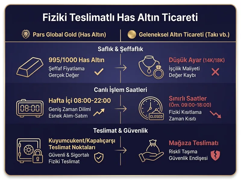 Pars Global Gold şeffaf fiyatlama, canlı işlem saatleri ve güvenli teslimat kanalları özet görseli.