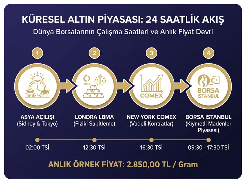 Dünya genelindeki altın borsalarının çalışma saatlerini ve anlık fiyat akışının Asya'dan Amerika'ya nasıl devredildiğini gösteren küresel zaman çizelgesi