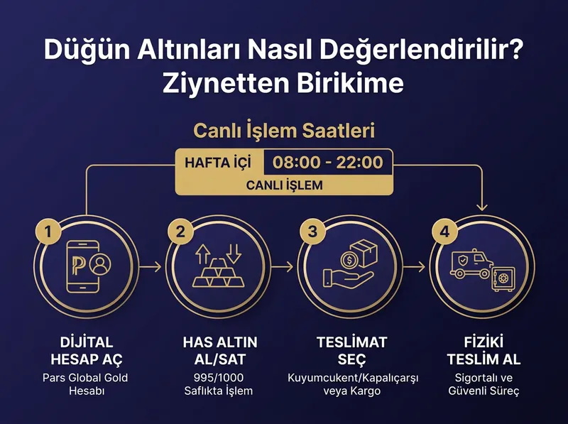 Pars Global Gold dijital altın hesabı ve fiziki teslimat seçenekleri: Hafta içi 08:00-22:00 canlı işlem, Kuyumcukent/Kapalıçarşı teslimat ve sigortalı kargo süreci.
