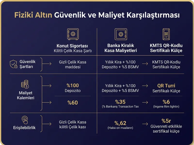 Konut sigortası gizli çelik kasa maddesi ile banka kiralık kasası masraf kalemlerinin detaylı tablosu.