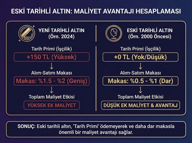 Eski tarihli altın tercih ederek tarih primi ödememenin sağladığı maliyet avantajını gösteren şema