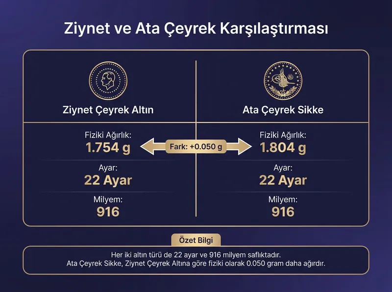 Ziynet ve Ata ziynet türleri arasındaki fiziki ağırlık ve saflık farkını detaylandıran infografik.