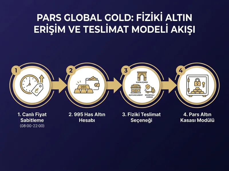 Pars Global Gold üzerinden canlı fiyatla 995/1000 saflıkta has altın alımı ve fiziki teslimat sürecini açıklayan şeffaf hizmet akışı.
