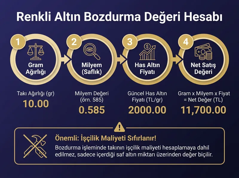 Takının Net Satış Değeri = Gram Ağırlığı x Milyem x Has Altın Fiyatı. İşçilik maliyetinin bozdurma anındaki sıfırlanma adımları.