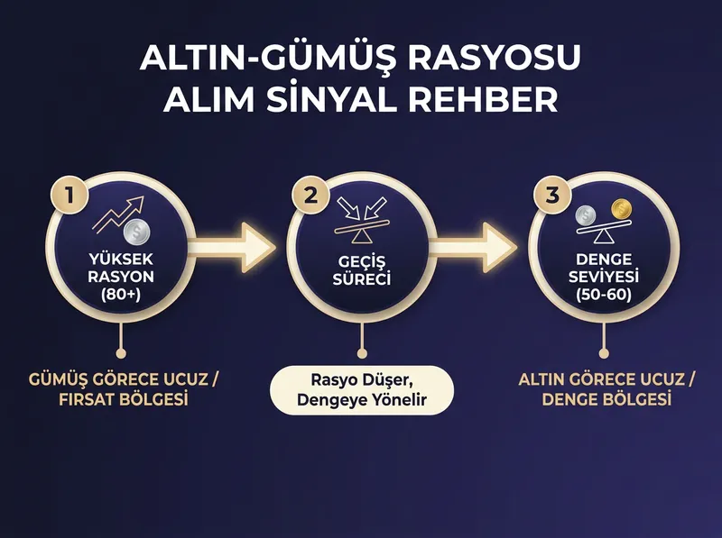 Rasyo tarihsel bantlarını ve alım-satım sinyallerini özetleyen şema.