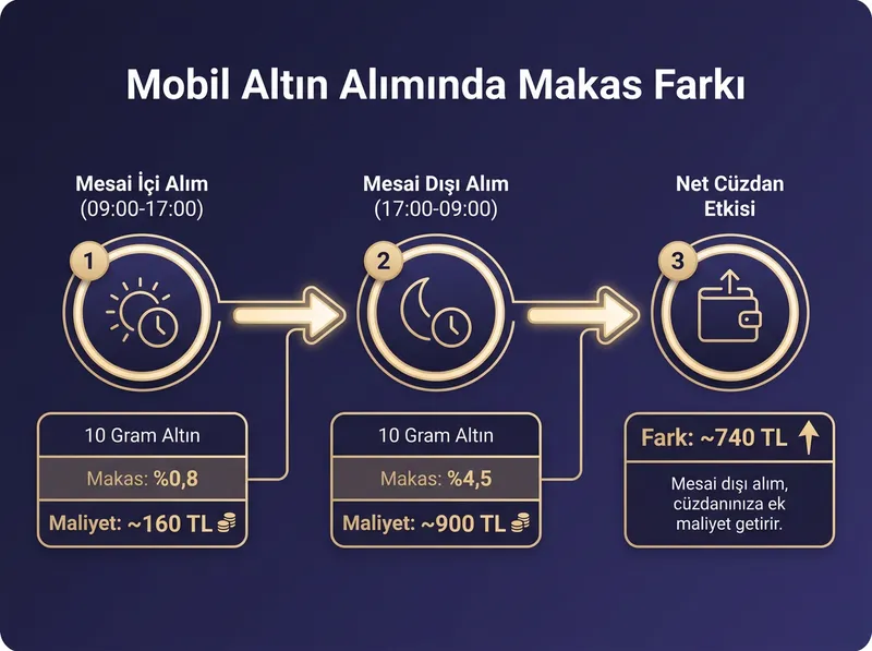 Mesai içi ve mesai dışı mobil altın alımlarında oluşan alış-satış makas farkının yatırımcı cüzdanına net etkisini gösteren maliyet grafiği.