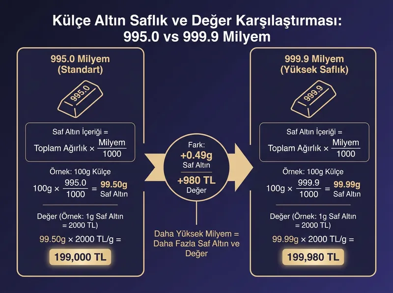Farklı saflık derecelerine (milyem) sahip külçe altınların saf altın içeriği ve değer karşılaştırması.